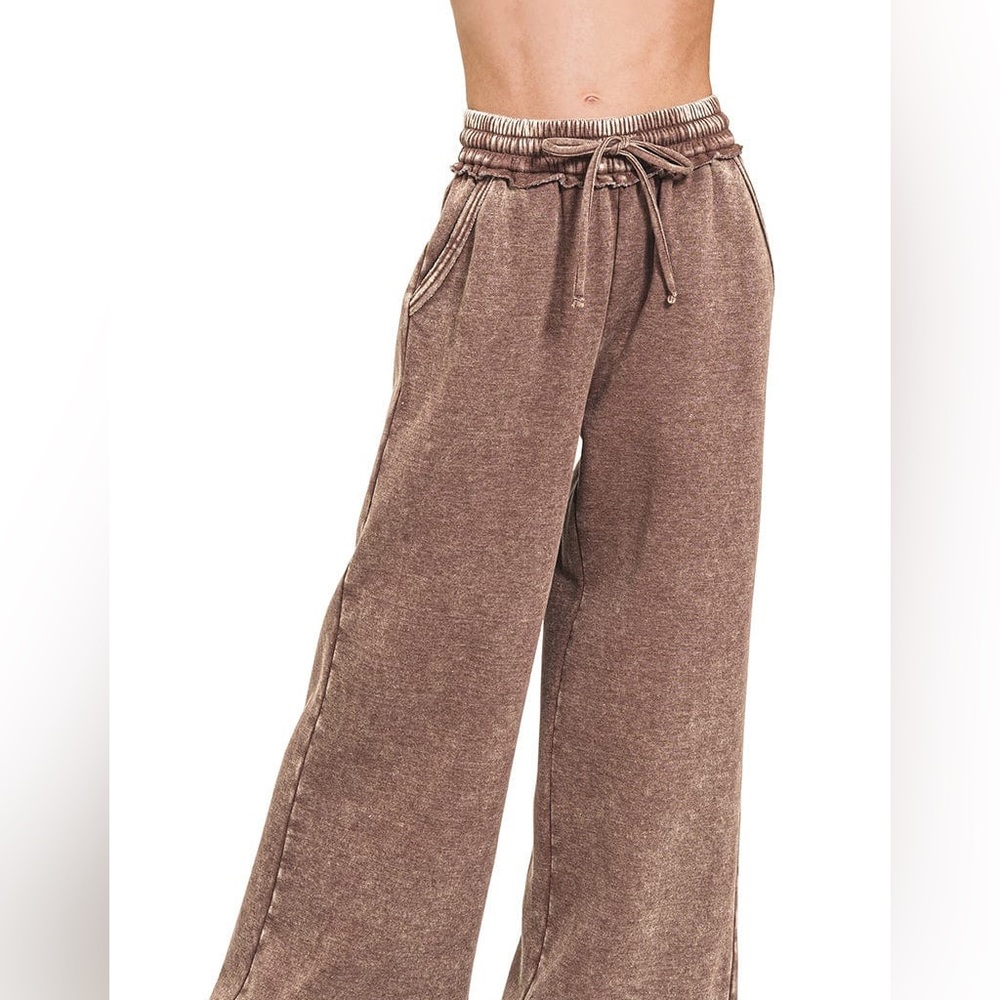 Boho Zenana Acid Washed Fleece Seam Wide Leg Sweatpants